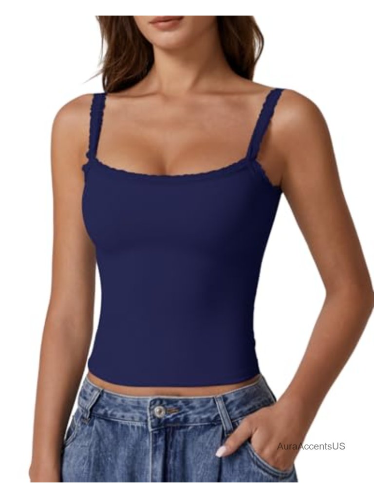 Women's Square Neck Lace Trim Tank Top Double Lined Slim Fitted Y2k Camisole